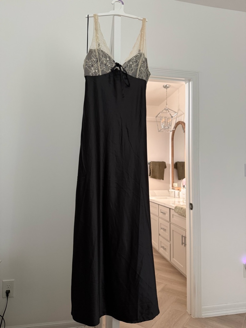 Black Satin Slip Dress with Ivory Lace Bodice